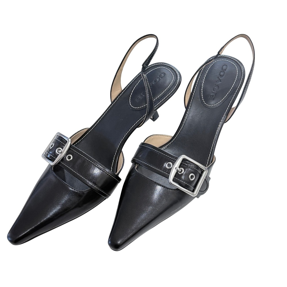 Coach Margot Signature Slingback Black Leather Buckle Pointed Toe Pumps 10B